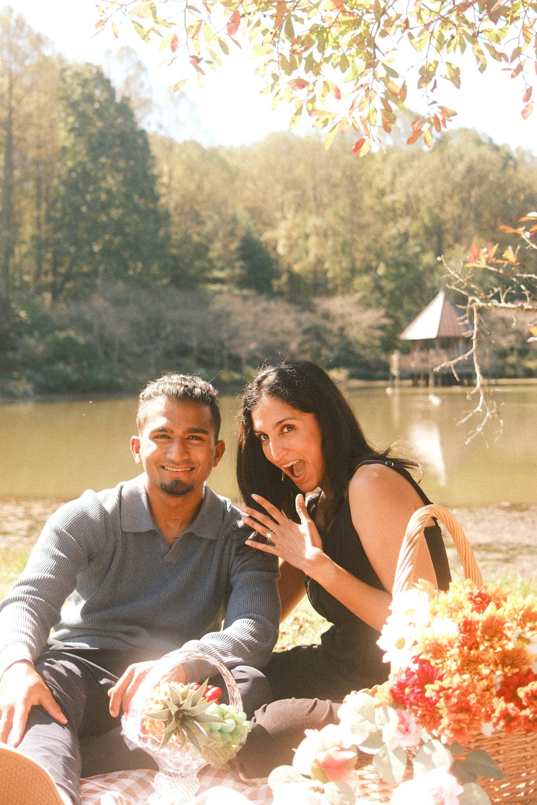Couple at a lakeside picnic, she shows off her new ring with a surprised face